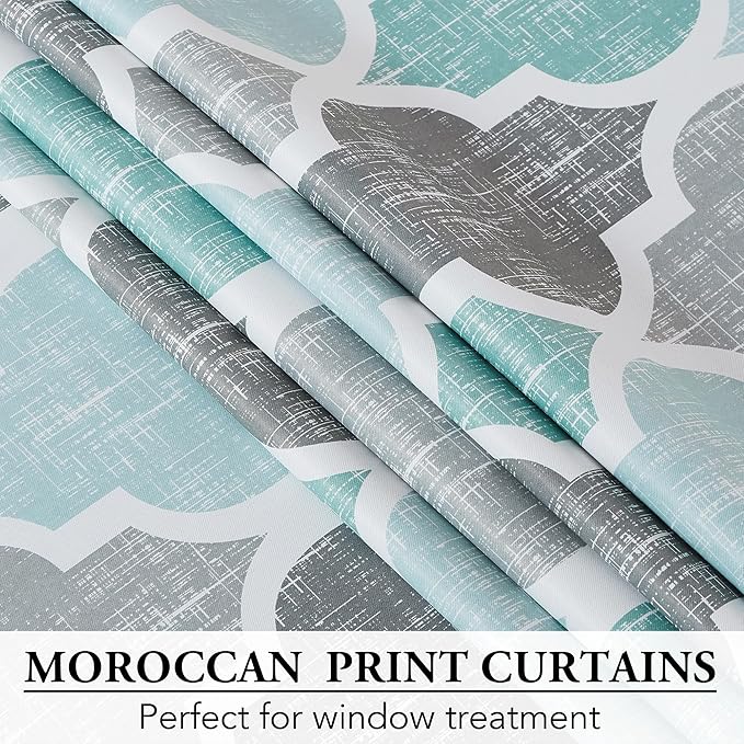 Beauoop 100% Blackout Curtains 96 Inches Long 2 Panels for Bedroom Living Room Aqua Grey Moroccan Geo Room Darkening Thermal Insulated Soundproof Rod Pocket Back Tab Window Treatments Drapes, 50x96