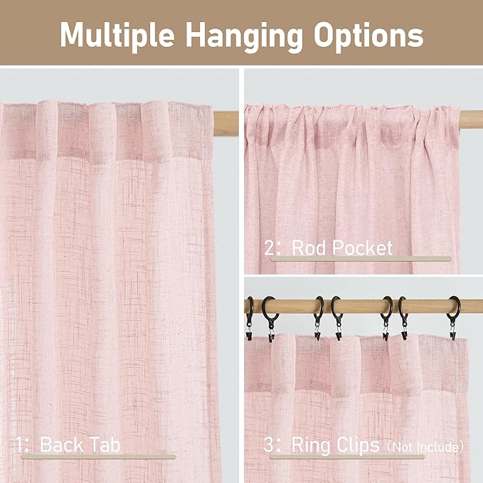 LAMIT 54 Inch Semi Sheer Window Linen Curtains, Light Filtering Panels Back Tab and Rod Pocket Country Decor Drapes for Bedroom/Girl'Room, Pink, 2 Panels, 34 x 54 Inch