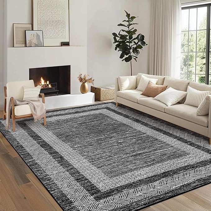GarveeHome Modern Geometric Rug 4x6 Washable Rug for Living Room, Soft Non Shedding Indoor Carpet with Non Slip TPR Backing, Low Pile Thin Foldable Printed Floor Mats for Dining Room, Black
