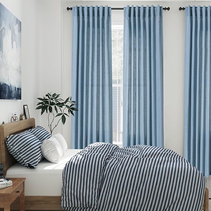 Blue Linen Textured 96 Inch Curtains 2 Panel Set Back Tab Rod Pocket Sheer Pleated Boho Room Decor Aesthetic Curtains Dusty Blue Burlap Look Curtain Drapes for Living Room Bedroom 8Ft 40x96 Inch