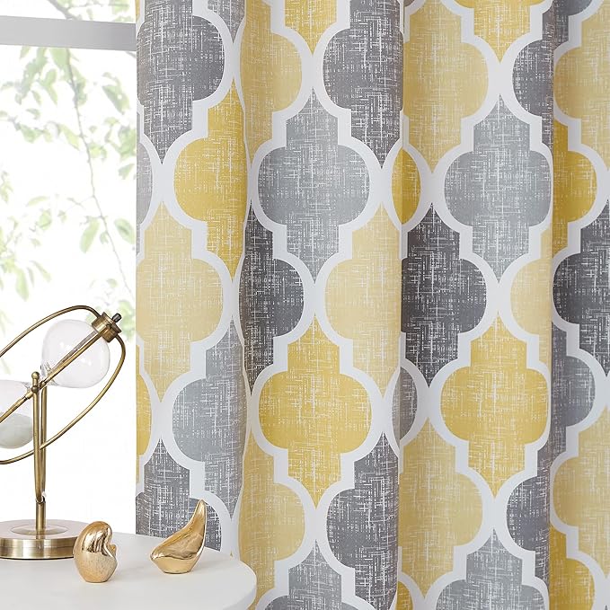 Beauoop 100% Blackout Curtains 72 Inches Long 2 Panels for Bedroom Living Room Yellow Grey Moroccan Geo Room Darkening Thermal Insulated Soundproof Grommet Top Window Treatments Drapes, 50x72 Set of 2