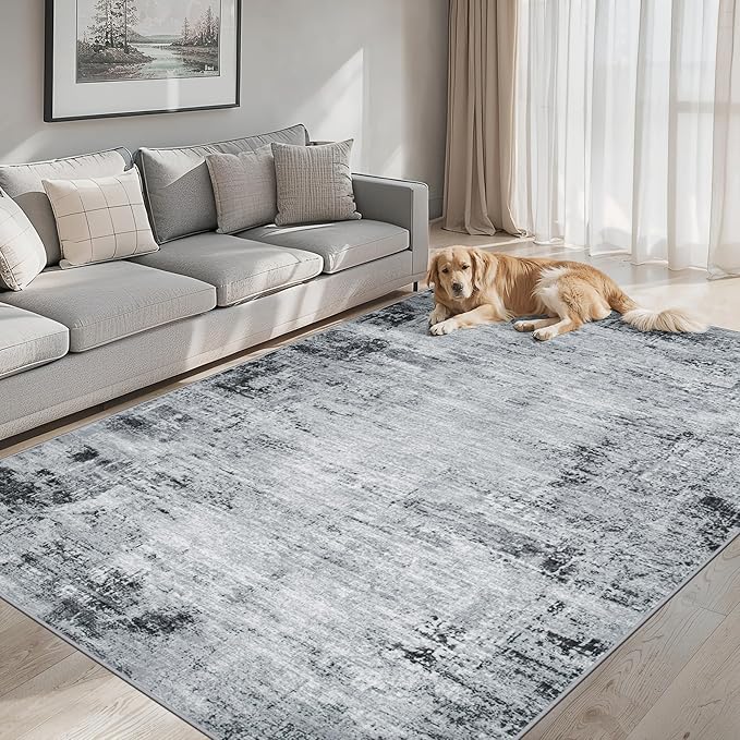 6x9 Area Rugs for Living Room - Washable Rug Modern Abstract Soft Large Neutral Non-Slip Carpet Indoor Floor Thin Carpets for Bedroom Dining Room Farmhouse Nursery Home Office Black