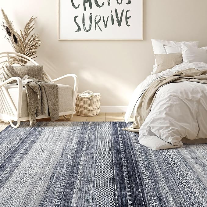 Nakagishi Area Rug Living Room Rugs: 7x10 Machine Washable Boho Large Neutral Farmhouse Stain Resistant Moroccan Indoor Floor Carpet for Bedroom Nursery Dorm Classroom Dining Room Home-Blue