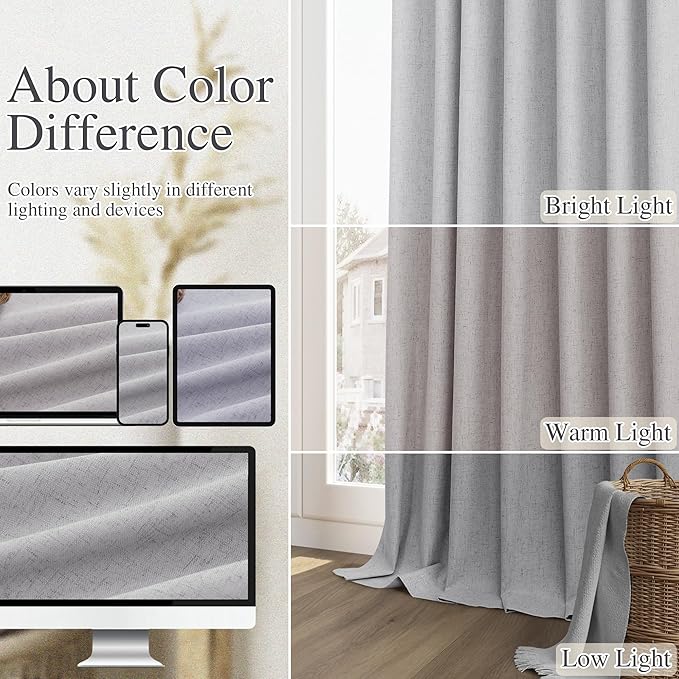 Guken Grey 100% Blackout Curtains 108 Inch Length 2 Panels Set for Living Room Bedroom Back Tab Thermal Insulated Black Out Linen Drapes Room Darkening Window Curtains 52x108