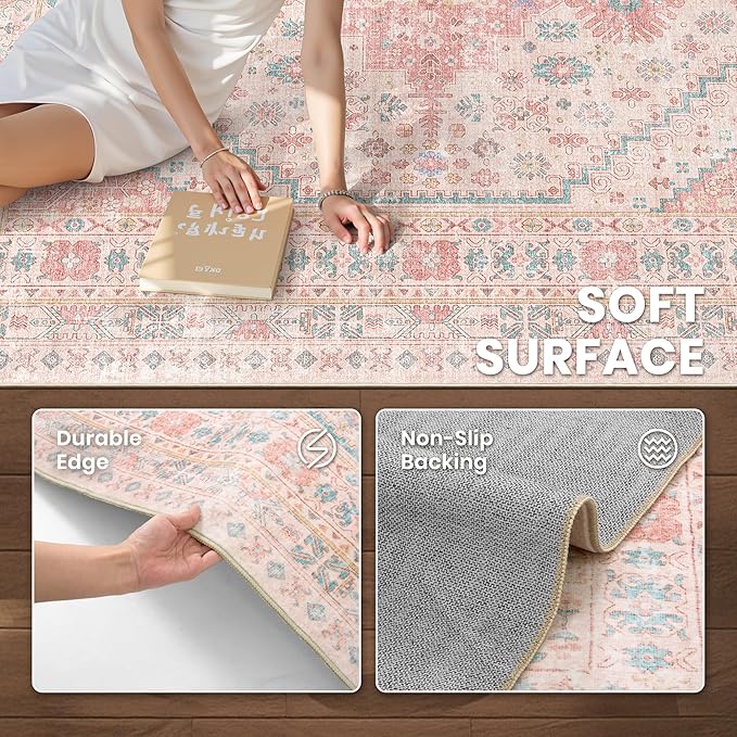 zesthome 8x12 Area Rugs for Girls Bedroom, Low Pile Machine Washable Rugs, Vintage Large Pink Rugs, Stain Resistant Nursery Room Rug, Baby Crawling Rug (Pink/Blue,8'x12')