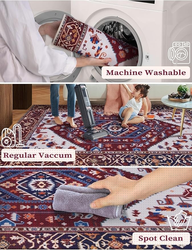 SERISSA Runner Rug for Hallways, 2'6"x8' Washable Non Slip Kitchen Runner Rug, Long Boho Rug Vintage Burgundy Navy Hallway Stair Ultra Soft Print Floor Carpet for Bedroom Bathroom Laundry Room