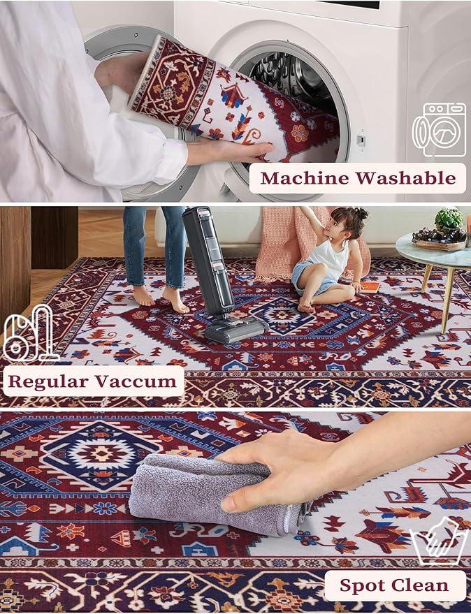 SERISSA Runner Rug for Hallways, 2'6"x14' Washable Non Slip Runner Rug, Extra Long Boho Rug Ultra Soft Vintage Burgundy Navy Print Floor Carpet for Bedroom Hallway Entryway Bathroom Laundry Room