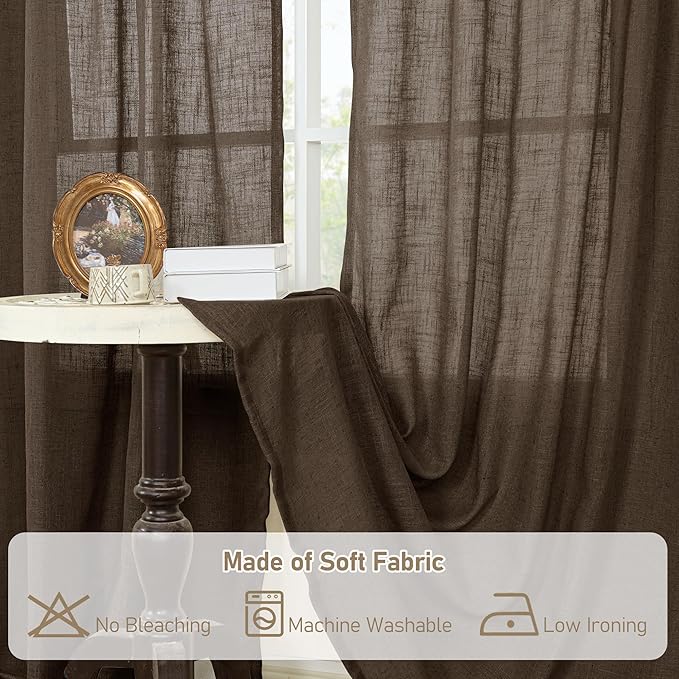 LAMIT Dark Brown Linen Curtains for Bedroom, 72 Inch Length Light Filtering Semi Sheer Panels Back Tab and Rod Pocket Neutral Drapes for Living Room, 2 Panels, 34 x 72 Inch