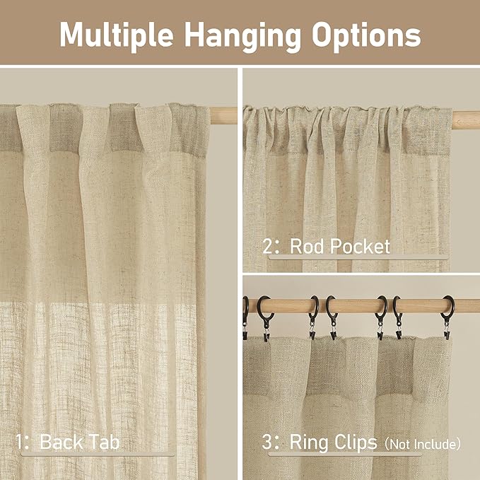 LAMIT Natural Linen Curtains 90 Inch for Living Room, Back Tab and Rod Pocket Linen Textured Sheer Curtains Light Filtering Curtains for Bedroom/French Door, Set of 2, 52 x 90 Inch, Linen