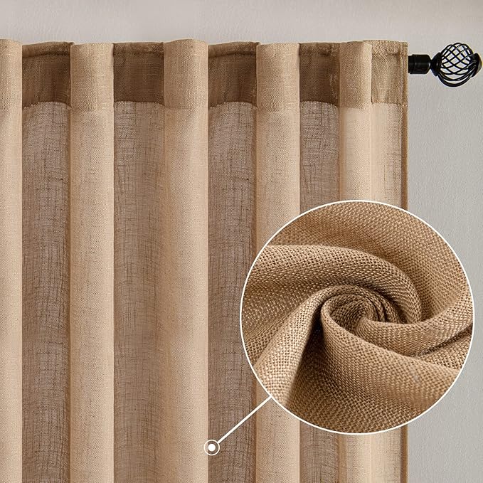 MIULEE Light Brown Linen Curtains 84 Inch Length 2 Panels for Bedroom Living Room, Soft Thick Linen Textured Natural Window Drapes Semi Sheer Light Filtering Back Tab Rod Pocket Burlap Look Decor