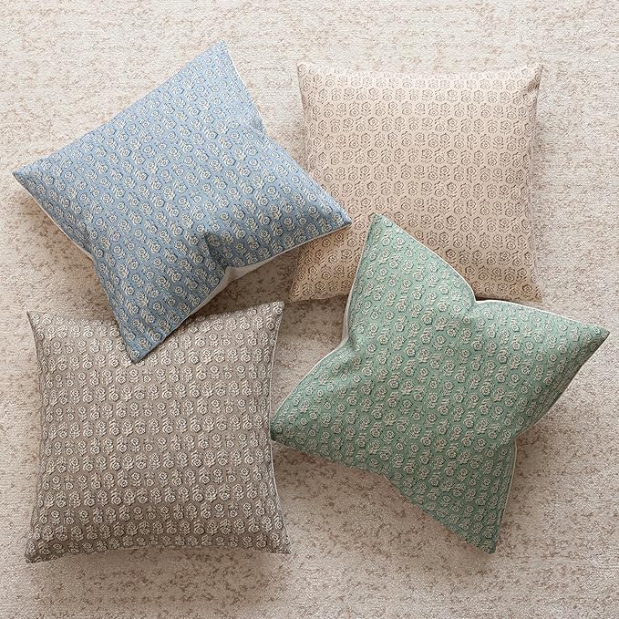Foindtower Set of 2 Decorative Vintage Floral Print Throw Pillow Covers Neutral Accent Farmhouse Cushion Covers Boho Home Decor for Sofa Couch Chair Bedroom Living Room Outdoor,20×20 Inch,Sky Blue