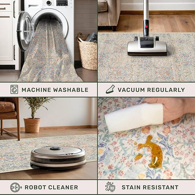 Hazo Haus Washable Bathroom Runner Rug 2x6 - Long Runner Rugs for Laundry Room, Bedroom, 24 x 72 Kitchen Floor Mat - Non Slip Vintage Design Décor, Beige Blue