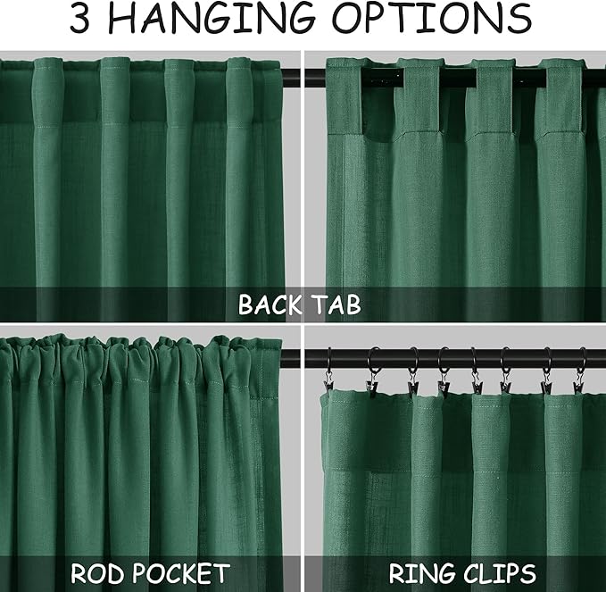 Dark Green Linen Curtains 108 Inches Long for Living Room 2 Panels Set Extra Long Back Tab Curtain Sheer Light Filtering Emerald Green Drapes Floor to Ceiling Curtains for Large Windows 52x108