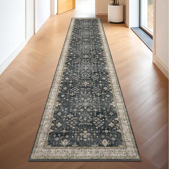 Hazo Haus Black Boho Washable 3x10 Extra Long Hallway Runner Rug, Waterproof Large Kitchen Floor Rug Indoor, Non-Slip Stain & Fade Resistant, Vintage Floral Decor