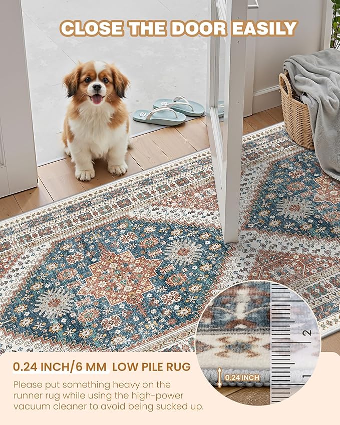 Entryway Rug - 2x3 Washable Rug Runner for Bathroom, Laundry Room, Kitchen, Soft Vintage Hallway Runner for Bedroom, Non-Slip Door Mat Indoor Entrance(Blue/Red,2'x3')