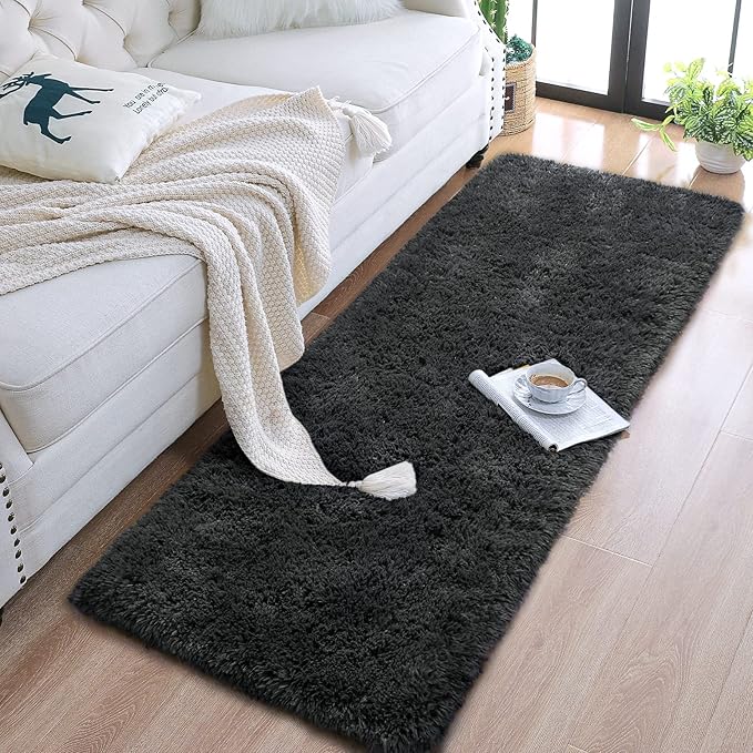 Chicrug Soft Runner Rugs for Bedroom Living Room Plush Fluffy Rug 2x6 Feet, Shag Furry Area Rug Carpet Non Shedding for Nursery Children Kids Girls Room Home Decorative, Dark Grey