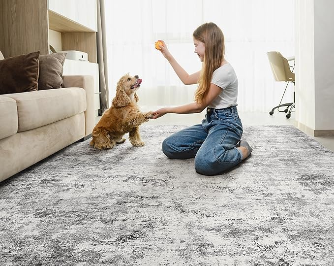 UERMEI 6x9 Area Rug Living Room Rugs - Washable Neutral Modern Abstract Soft Thin Rug Indoor Floor No Slip Rug Carpet for Bedroom Under Dining Table Home Office Decor - Grey