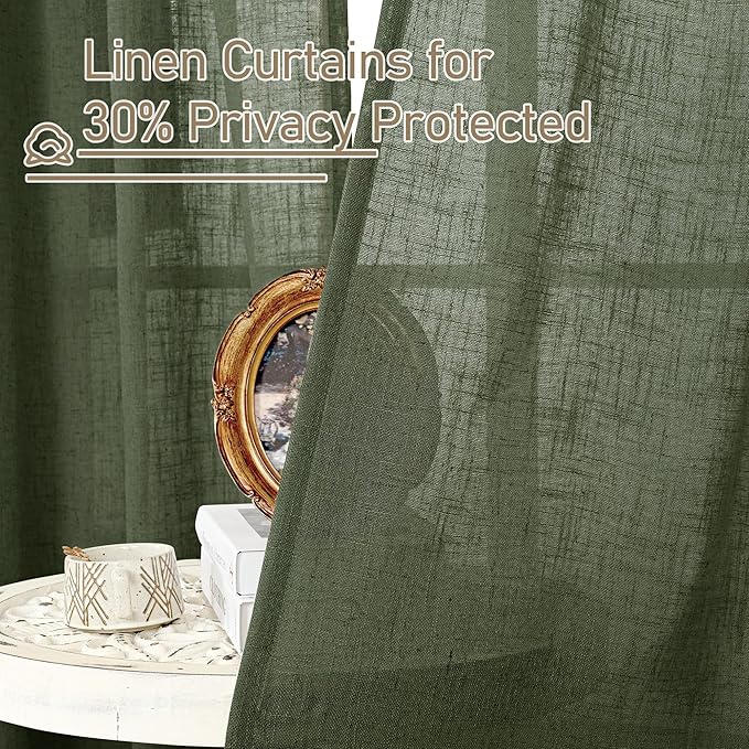 LAMIT Olive Green Light Filtering Linen Curtains 54 inches Long for Bedroom, Linen Textured Semi Sheer Back Tab and Rod Pocket Christmas Drapes for Living Room, 2 Panels, 52 x 54 Inch