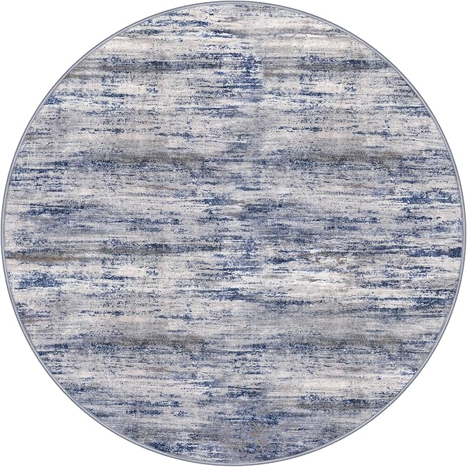 KOZYFLY Modern Abstract Round Washable Rug 5Ft, Non-Slip Soft Kitchen Bathroom Circle Rug, Grey-Blue Striped Entryway Rugs Abstract Faux Wool Doormat for Bedside Entrance Bedroom Sink