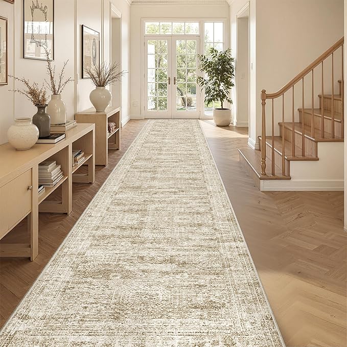 3x18 Washable Runner Rug for Hallway, Non-Slip Long Hallway Runner for Entryway, Soft Vintage Kitchen Mats for Floor, Abstract Dining Room, Bedroom, Living Room Rugs(3'x18', Brown/Ivory)