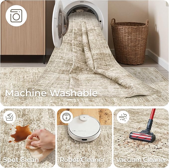 3x10 Runner Rug Non Slip Washable for Entryway, Vintage Hallway Runner for Front Porch, Laundry Room, Bedroom, Abstract Stain Resistant Thin Indoor Kitchen Mats for Floor(3'x10', Brown/Ivory)