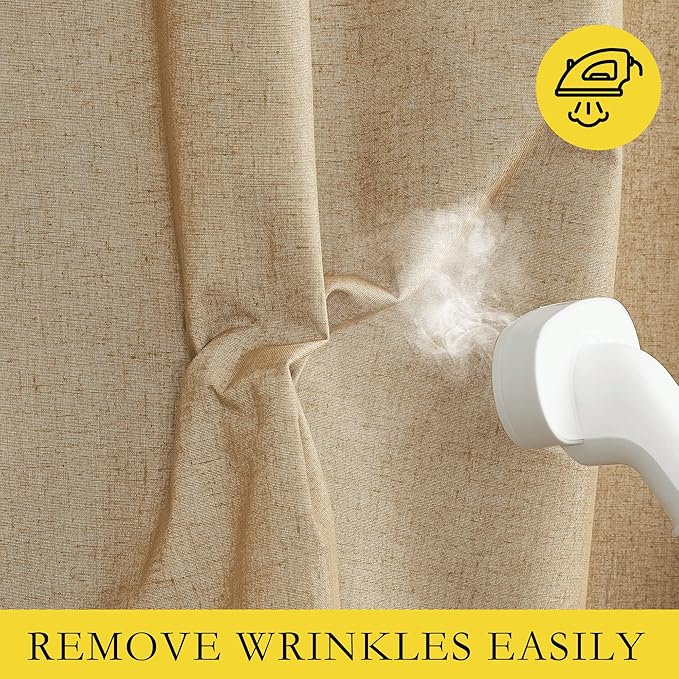 NICETOWN 100% Absolutely Blackout Linen Curtains with Thermal Insulated White Liner, Camel, 52" Wide by 48" Long, 2 Pieces, Linen Blend Window Drapes Privacy Window Treatments for Bedroom/Kids Room