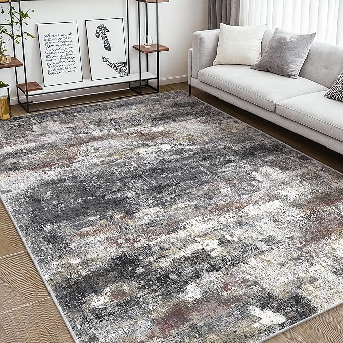 Area Rugs 8x10 for Living Room Bedroom, Modern Abstract Machine Washable Soft Dark Gray Rug, Floor Carpet with Non Slip Backing for Dining Room