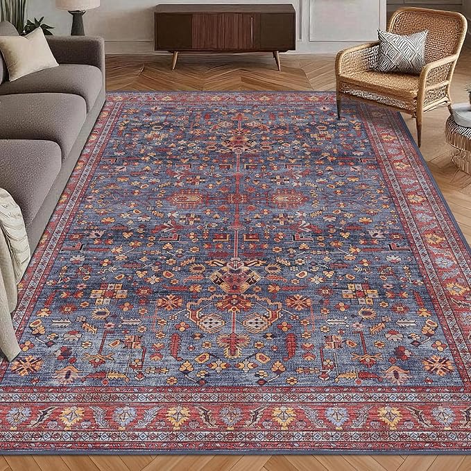Washable Area Rug 8' x 10' Vintage Traditional Persian Mat - Foldable Distressed Non-Slip Machine Washable Carpet for Living Room Bedroom Kitchen Home Decor - Indigo and Crimson