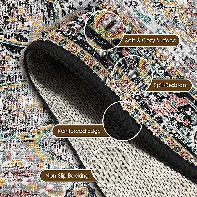 Washable Area Rug 3' x 5 ' Vintage Traditional Persian Mat - Foldable Distressed Non-Slip Machine Washable Carpet for Living Room Bedroom Kitchen Home Decor - Slate and Multicolor