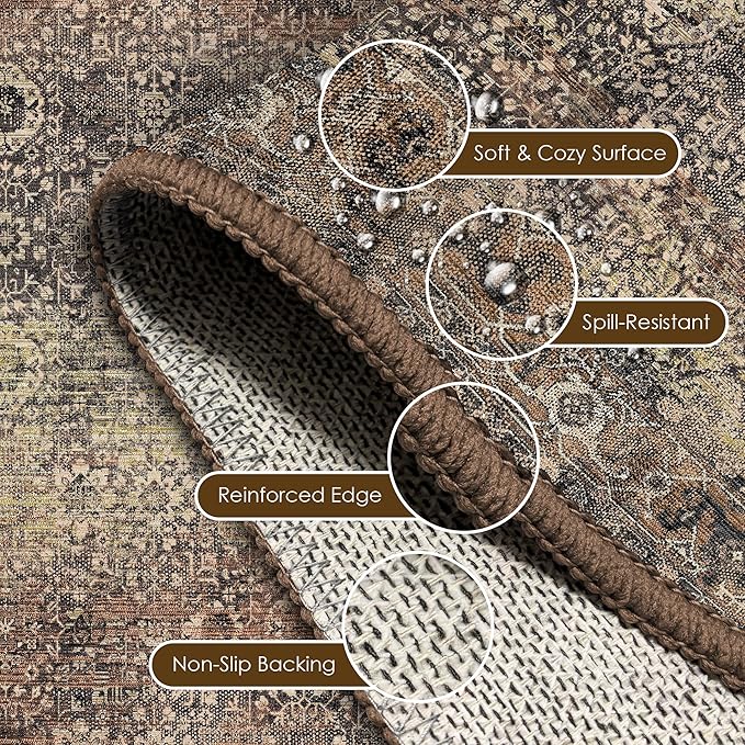 Washable Area Rug 9' x 12' Vintage Traditional Persian Mat - Foldable Distressed Non-Slip Machine Washable Carpet for Living Room Bedroom Kitchen Home Decor - Umber and Slate