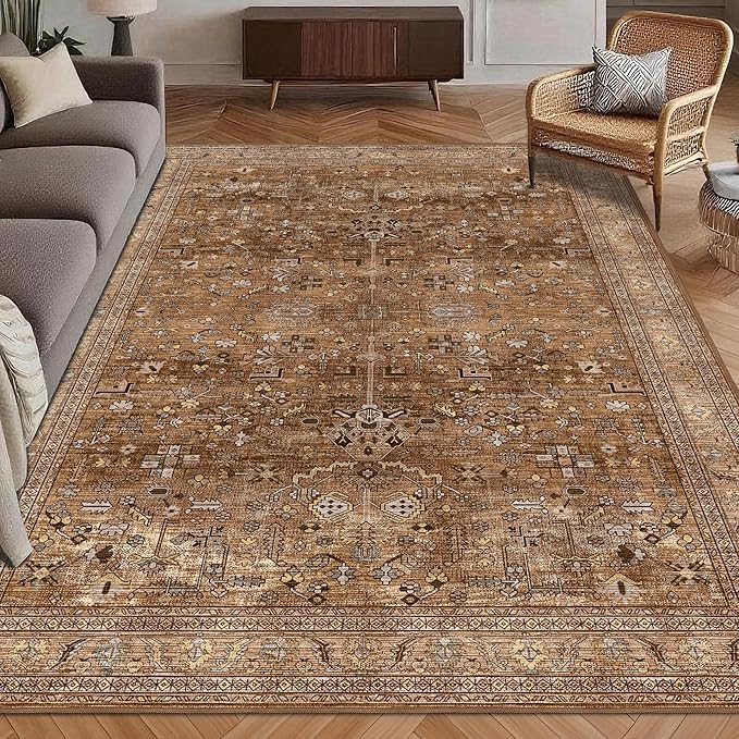 Washable Area Rug 6' x 9' Vintage Traditional Persian Mat - Foldable Distressed Non-Slip Machine Washable Carpet for Living Room Bedroom Kitchen Home Decor - Bronze and Ivory