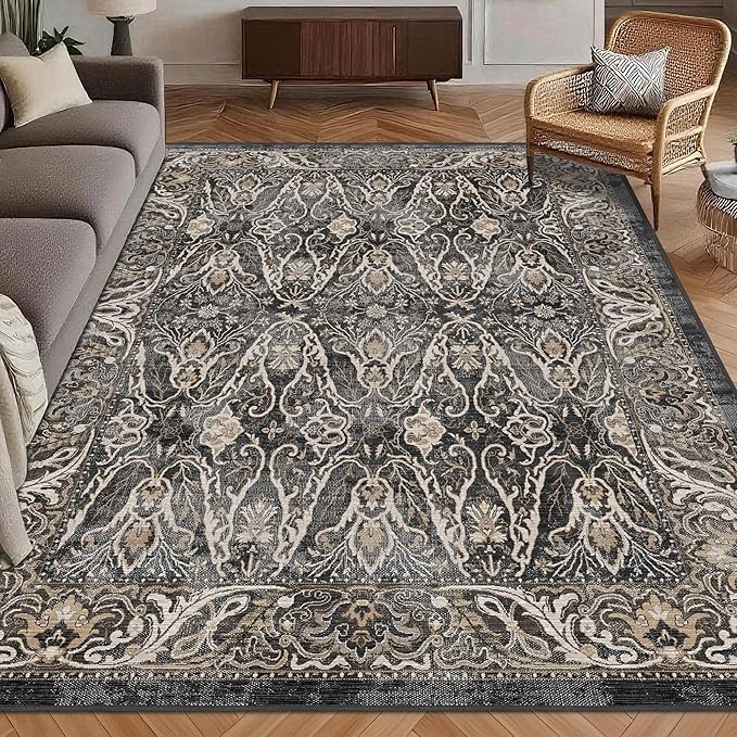Washable Area Rug 8' x 10' Vintage Traditional Persian Mat - Foldable Distressed Non-Slip Machine Washable Carpet for Living Room Bedroom Kitchen Home Decor - Ebony and Taupe
