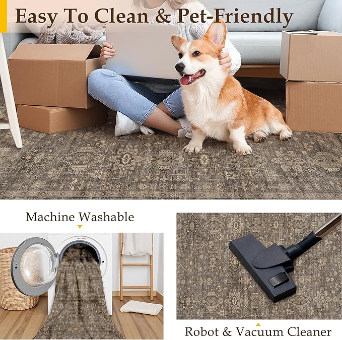 2x3 Washable Area Rug for Entryway Kitchen Vintage Brown Non Slip Low Pile Door Mat Traditional Retro Soft Small Carpet for Bathroom Bedroom Indoor Entrance Dorm