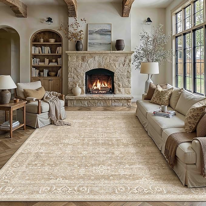 9x12 Washable Area Rug for Living Room Bedroom Vintage Beige Non Slip Carpet Traditional Retro Soft Low Pile Large Throw Rug for Dining Room Kitchen Office Indoor