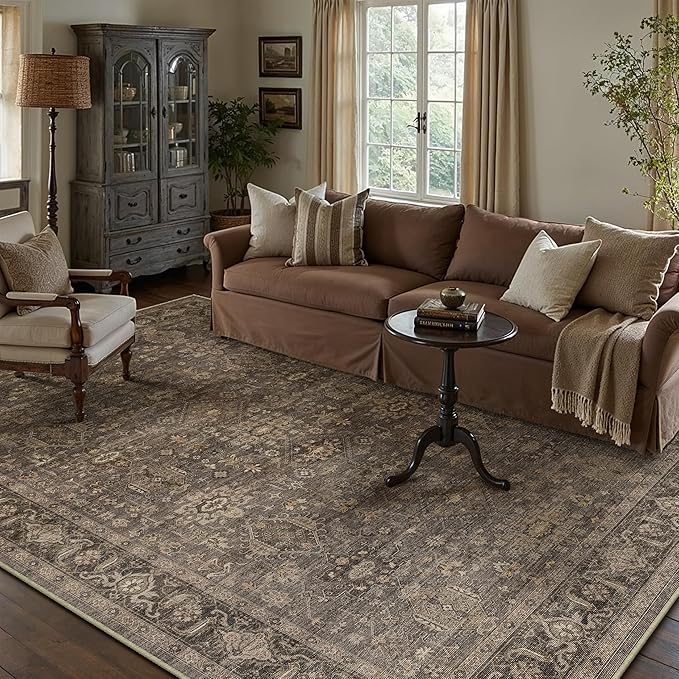 9x12 Washable Area Rug for Living Room Bedroom Vintage Brown Non Slip Carpet Traditional Retro Soft Low Pile Large Throw Rug for Dining Room Kitchen Office Indoor